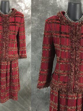 NWT NEW st john collection knit red wine multi fringe jacket skirt suit size 6